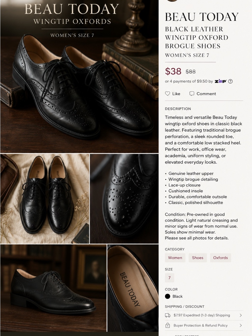 BEAU TODAY black leather wing tip, Oxford  brogue shoes wm’s 81/2 NEW